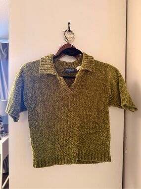 Green Chenille Short Sleeve Polo Sweater